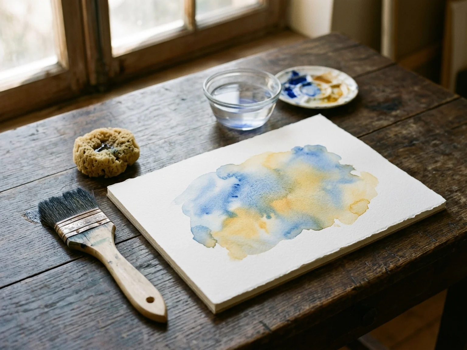 Ein schwerer runder Porzellanteller mit feuchten Aquarellfarben in Kobaltblau und Ockergelb neben einem weichen Rundpinsel auf feinkörnigem Aquarellpapier