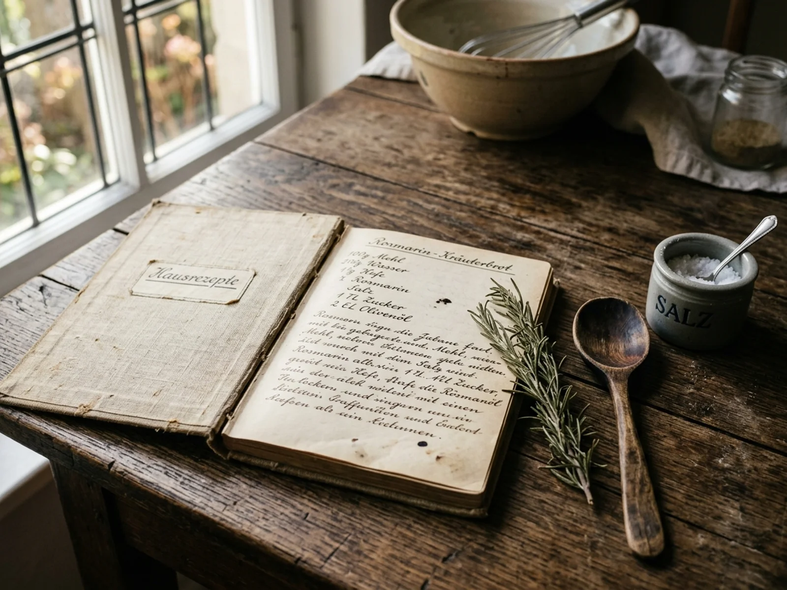 Altes Rezeptbuch mit getrocknetem Rosmarin und Holzlöffel auf warmem Eichentisch