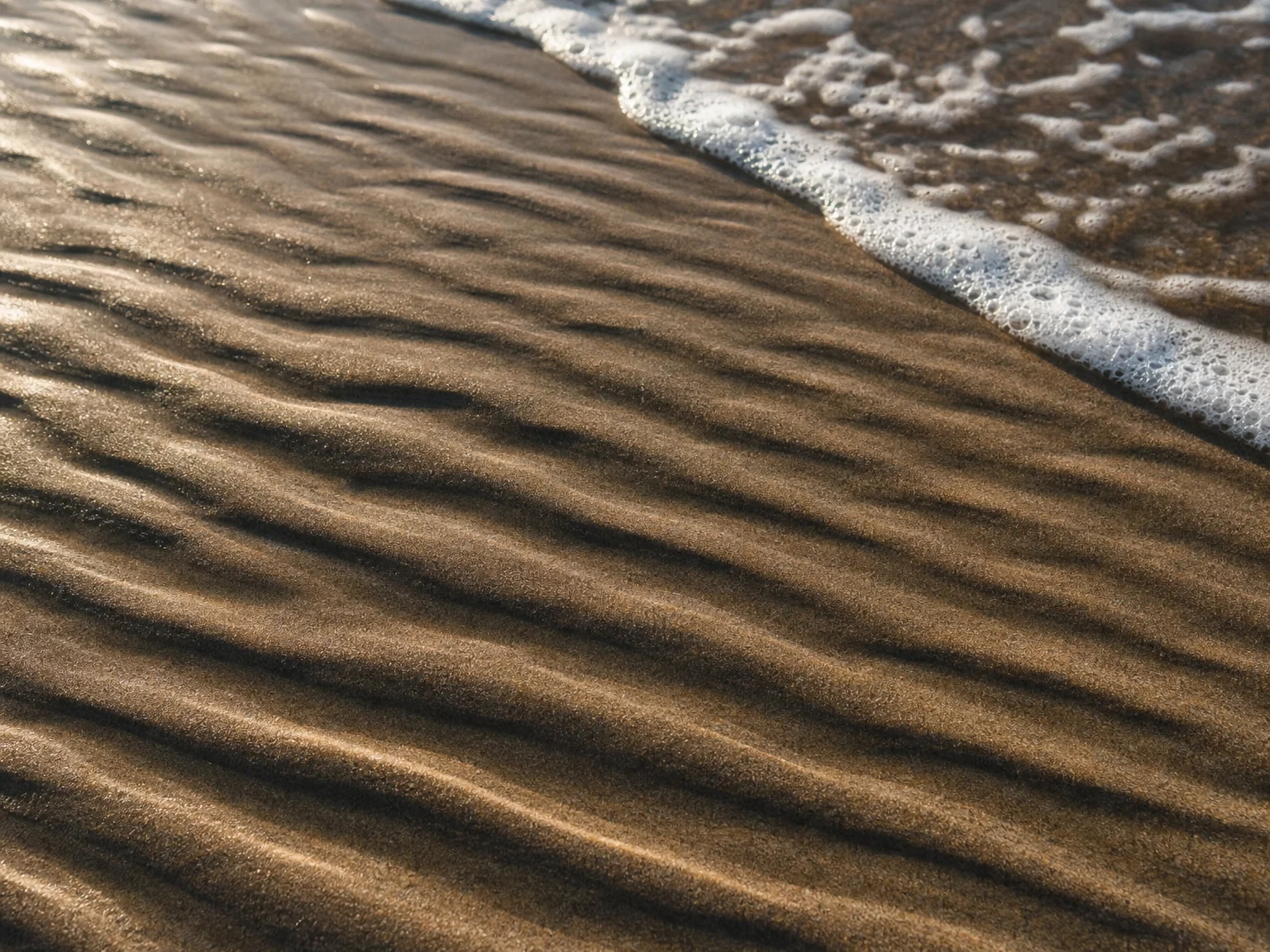 Feine Wellenmuster im nassen Ufersand, gezeichnet vom zurückweichenden Wasser